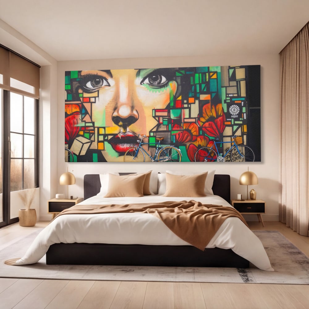 Tablou canvas cu tablou canvas cu graffiti si biciclete, fara rama, pe sasiu de lemn, pe perete intr-un dormitor